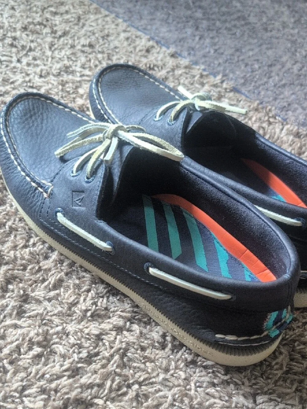 Sperry Navy Leather Boat Shoes with Cream Laces and Striped Insoles